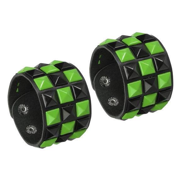 Uxcell 2 Pcs Leather Punk Bracelet 8.7"/22cm Layered Row Square Rivets Goth Spike Studded Bracelet Adjustable Wristband Cuff Bangle for Halloween Emo Grunge Accessories, Black Green