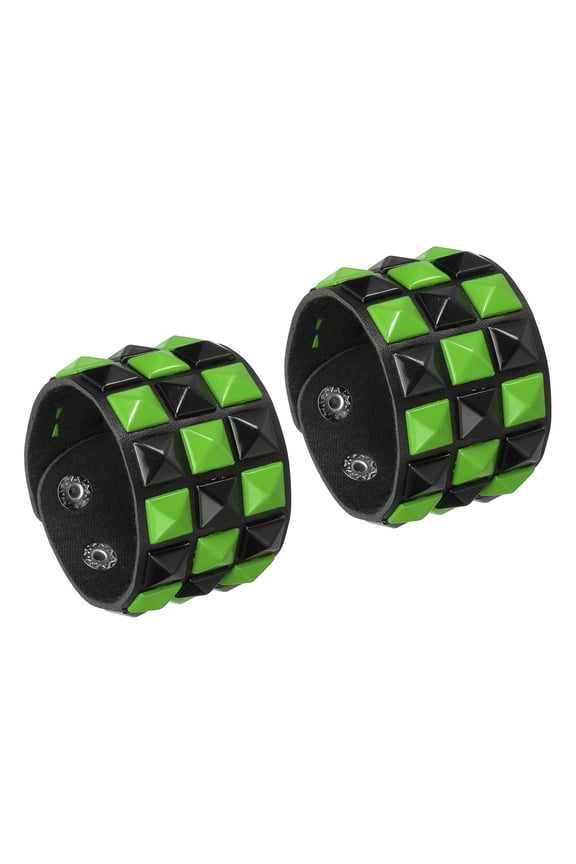 2 Pcs Leather Punk Bracelet 8.7"/22cm Layered Row Square Rivets Goth Spike Studded Bracelet Adjustable Wristband Cuff Bangle for Halloween Emo Grunge Accessories, Black Green