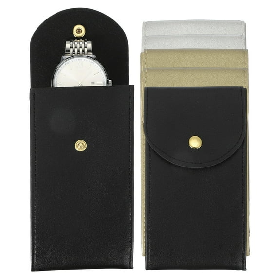 Uxcell 6 Pcs Leather Watch Pouch, 5.1 x 2.8" Portable Travel Case Jewelry Storage Bag for Travel, Single Watch Storage Pouch for Men and Women with Snap Button, Black/Gold/Silver