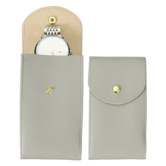 Uxcell 2 Pcs Leather Watch Pouch, 5.1 x 2.8" Portable Travel Case Jewelry Storage Bag for Travel, Single Watch Storage Pouch for Men and Women with Snap Button, Gray