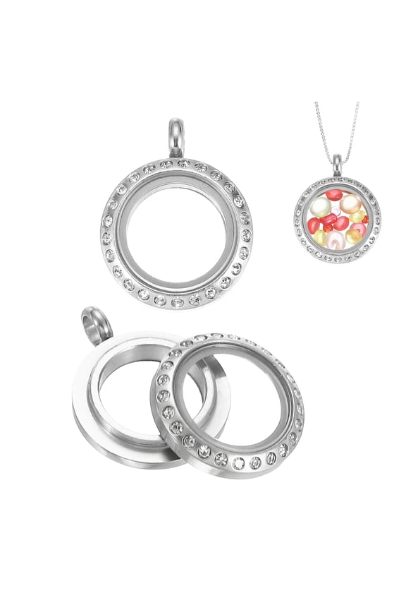 2 Pcs Living Memory Locket Charm, 12.7mm Rhinestone Rotation Round Floating Locket Pendants Stainless Steel Glass Photo Charm for Women Necklace DIY Making Wedding, Silver