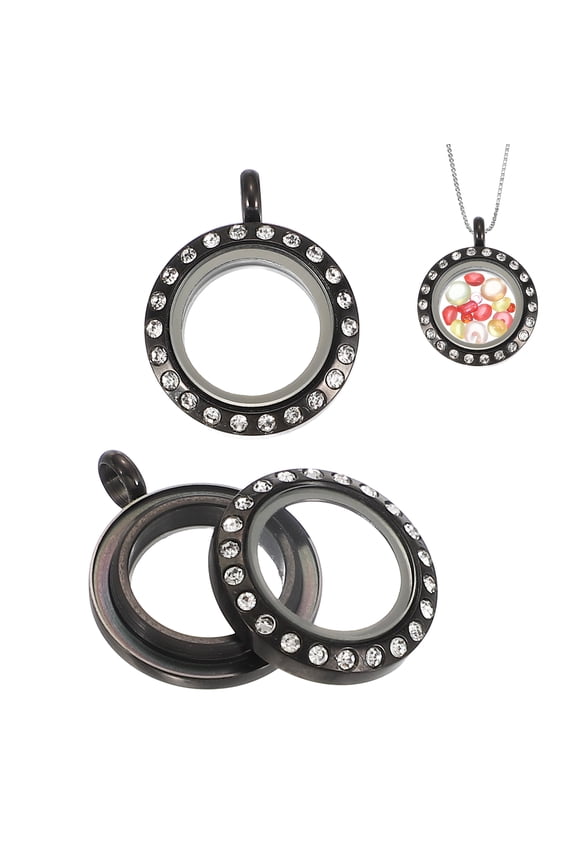 2 Pcs Living Memory Locket Charm, 12.7mm Rhinestone Rotation Round Floating Locket Pendants Stainless Steel Glass Photo Charm for Women Necklace DIY Making Wedding, Black