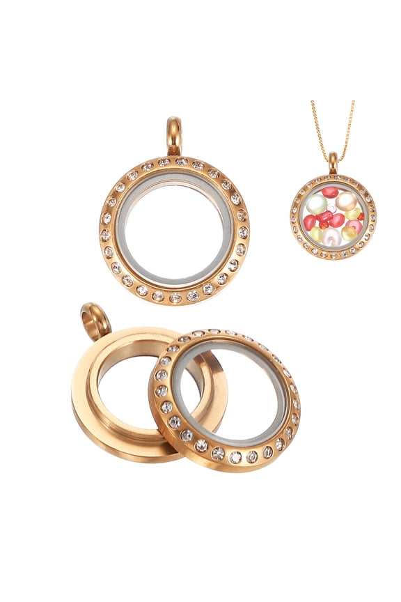 2 Pcs Living Memory Locket Charm, 12.7mm Rhinestone Rotation Round Floating Locket Pendants Stainless Steel Glass Photo Charm for Women Necklace DIY Making Wedding, Rose Gold
