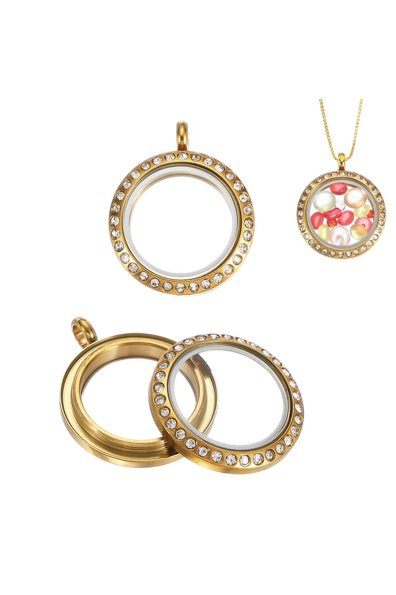 2 Pcs Living Memory Locket Charm, 18mm Rhinestone Rotation Round Floating Locket Pendants Stainless Steel Glass Photo Charm for Women Necklace DIY Making Wedding, Gold