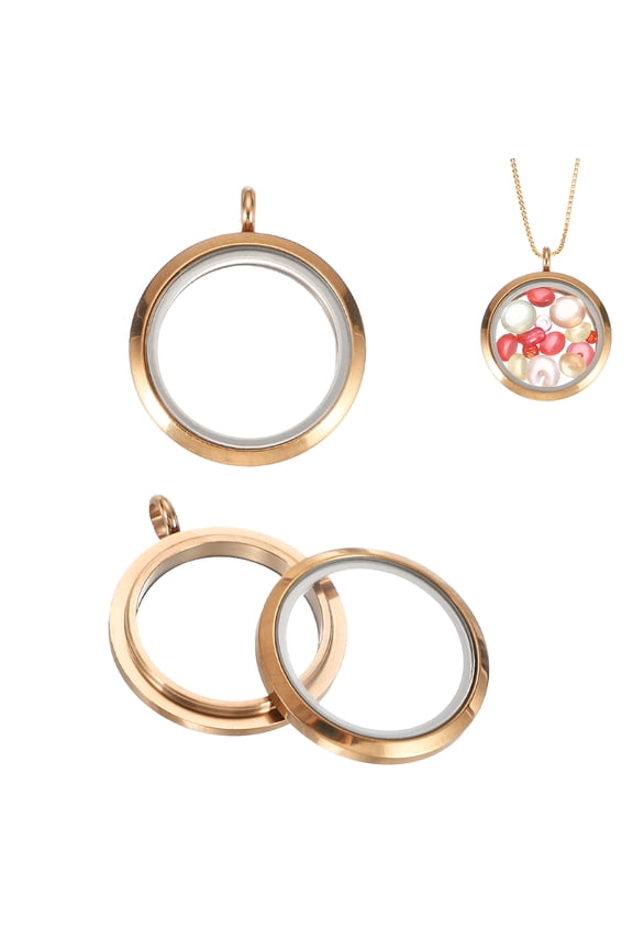 2 Pcs Living Memory Locket Charm, 23mm Round Floating Locket Pendants Stainless Steel Clear Glass Photo Charm for Women Necklace DIY Crafts Making Decoration, Rose Gold