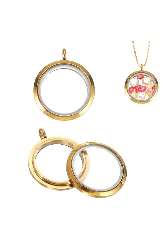 2 Pcs Living Memory Locket Charm, 23mm Round Floating Locket Pendants Stainless Steel Clear Glass Photo Charm for Women Necklace DIY Crafts Making Decoration, Gold