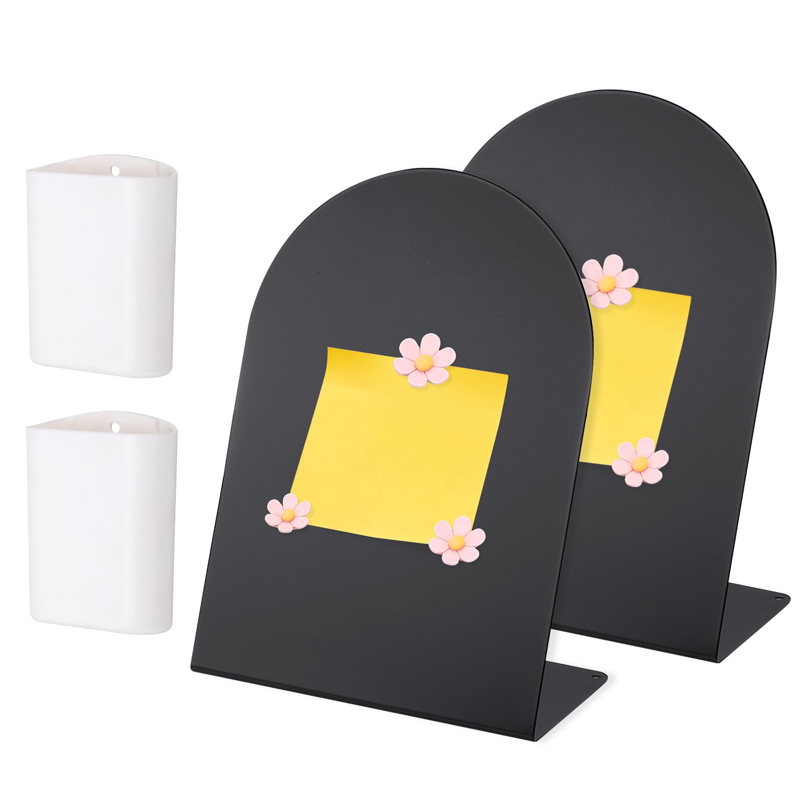 Uxcell 2 Pcs Magnetic Bulletin Board, Memo Magnet Display Stand Board with 6 Flower Magnets & Pen Holder for Home Office, Black/Pink/White