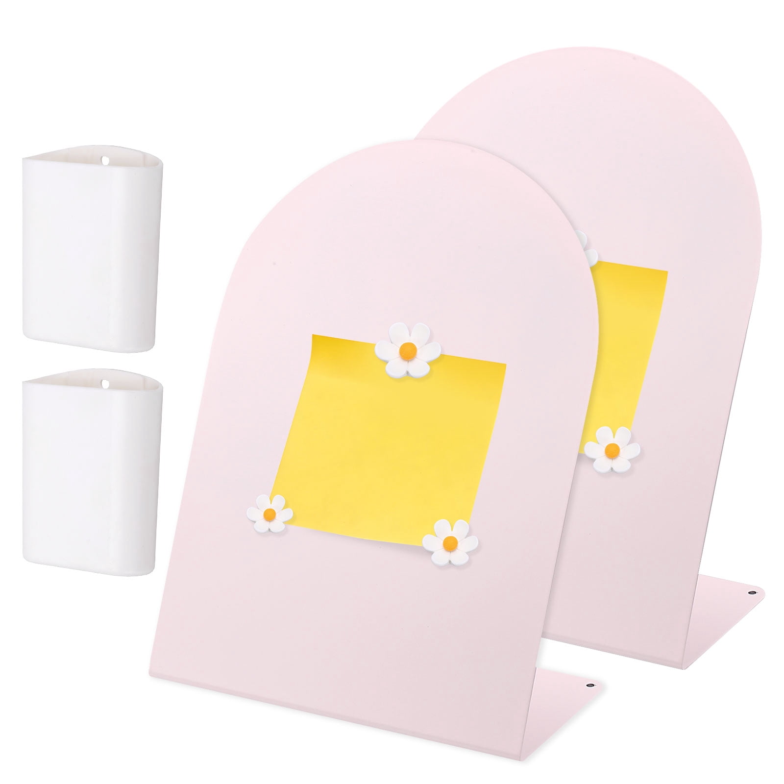Uxcell 2 Pcs Magnetic Bulletin Board, Memo Magnet Display Stand Board with 6 Flower Magnets & Pen Holder for Home Office, Pink/White