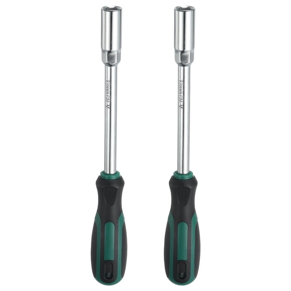 Uxcell 2 Pcs Metric Nut Driver 12mm CR-V Non-Magnetic Tip Hollow Shafts Hex Socket Screwdriver with Anti-Slip Handle for Automobile Repair Bit Driver, Green/Black