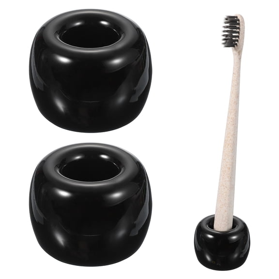 Uxcell 2 Pcs Mini Ceramics Toothbrush Holder Stands, Sleek Mini Countertop Toothbrush Round Shape Ceramic Holder Stand for Bathroom Vanity Countertops, Black
