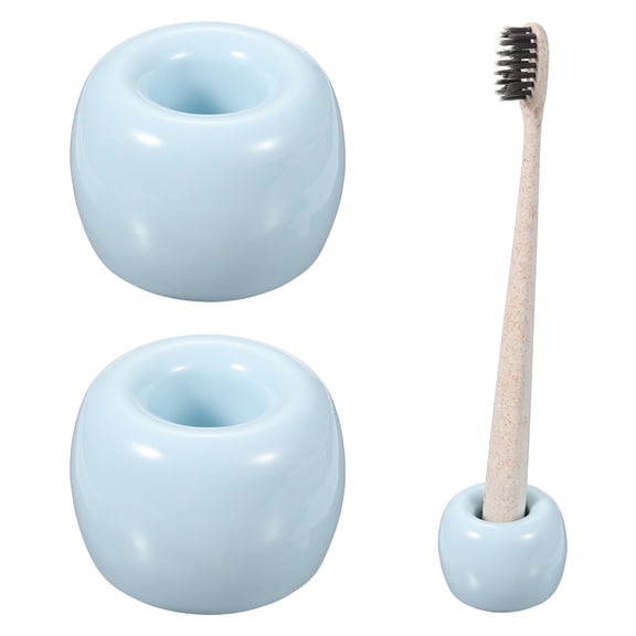 Uxcell 2 Pcs Mini Ceramics Toothbrush Holder Stands, Sleek Mini Countertop Toothbrush Round Shape Ceramic Holder Stand for Bathroom Vanity Countertops, Blue