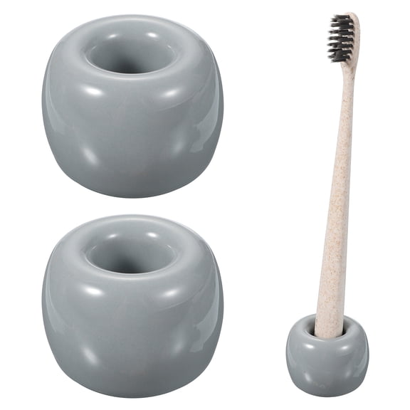 Uxcell 2 Pcs Mini Ceramics Toothbrush Holder Stands, Sleek Mini Countertop Toothbrush Round Shape Ceramic Holder Stand for Bathroom Vanity Countertops, Grey