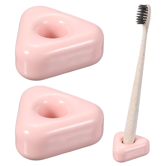 Uxcell 2 Pcs Mini Ceramics Toothbrush Holder Stands, Sleek Mini Countertop Toothbrush Triangle Shape Ceramic Holder Stand for Bathroom Vanity Countertops, Pink