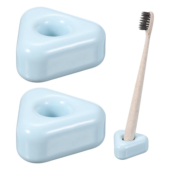 Uxcell 2 Pcs Mini Ceramics Toothbrush Holder Stands, Sleek Mini Countertop Toothbrush Triangle Shape Ceramic Holder Stand for Bathroom Vanity Countertops, Blue