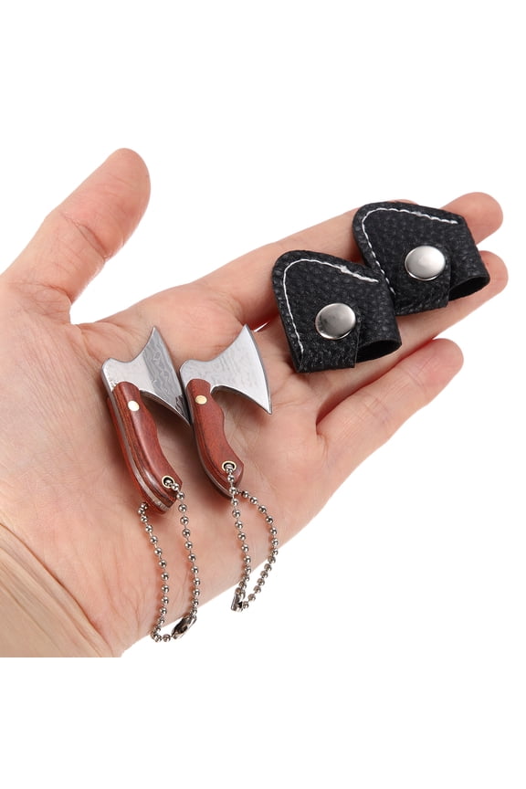 2 Pcs Mini Chef Pocket Knife 1.1" Stainless Steel Hatchet+Tiny Axe Knife Tiny Butcher Cleaver Keychain with Sheath Brown Handle Chain for Box Cutter Package Bottle, Silver Pattern