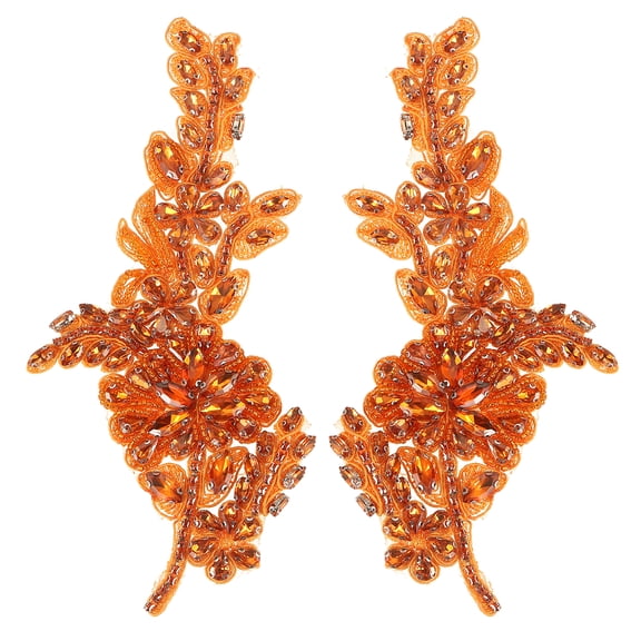 Uxcell 2 Pcs Orange Rhinestone Applique, 8 x 4 Inch Crystal Fabric Patches Beaded Embroidery Lace Appliques Embellishments for Wedding Evening Clothes Dresses Sewing
