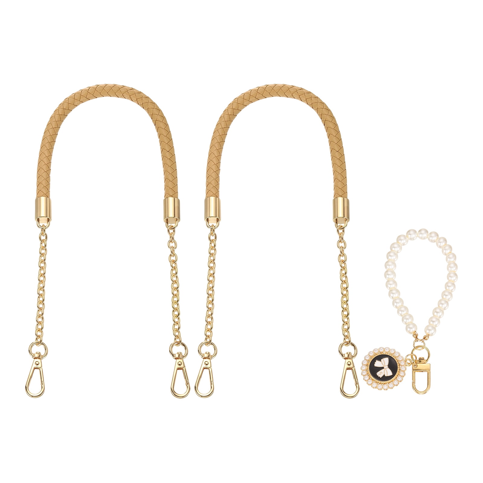 Uxcell 2 Pcs PU Leather Chain Purse Strap, 23.6 Inch Braided Purse Handles Replacement Strap with Pearl Pendant for Tote Bag Handbag Underarm Bag (Apricot, Light Gold Chain)