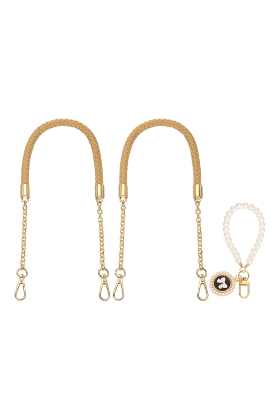 2 Pcs PU Leather Chain Purse Strap, 23.6 Inch Braided Purse Handles Replacement Strap with Pearl Pendant for Tote Bag Handbag Underarm Bag (Apricot, Light Gold Chain)