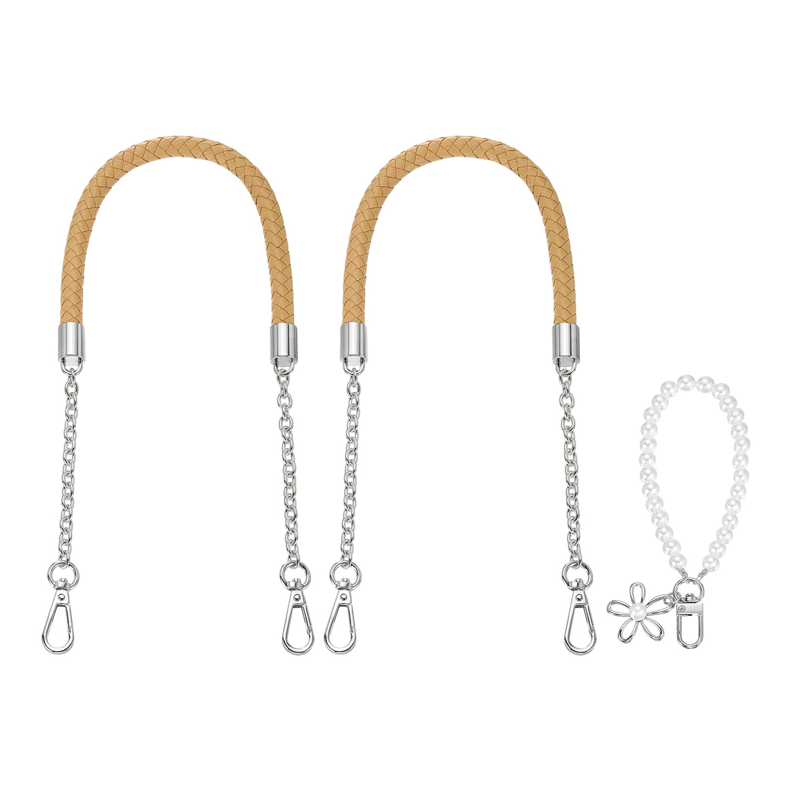 Uxcell 2 Pcs PU Leather Chain Purse Strap, 23.6 Inch Braided Purse Handles Replacement Strap with Pearl Pendant for Tote Bag Handbag Underarm Bag (Apricot, Silver Chain)