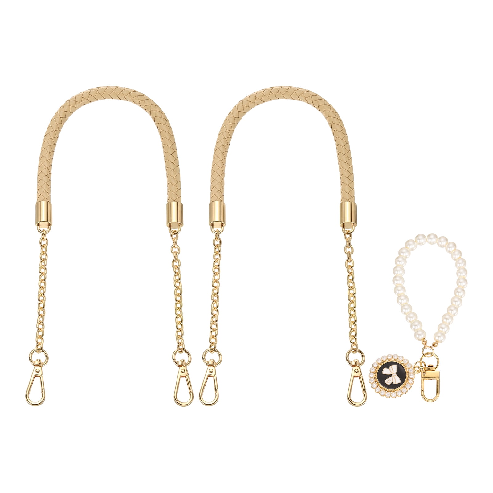 Uxcell 2 Pcs PU Leather Chain Purse Strap, 23.6 Inch Braided Purse Handles Replacement Strap with Pearl Pendant for Tote Bag Handbag Underarm Bag (Beige, Light Gold Chain)