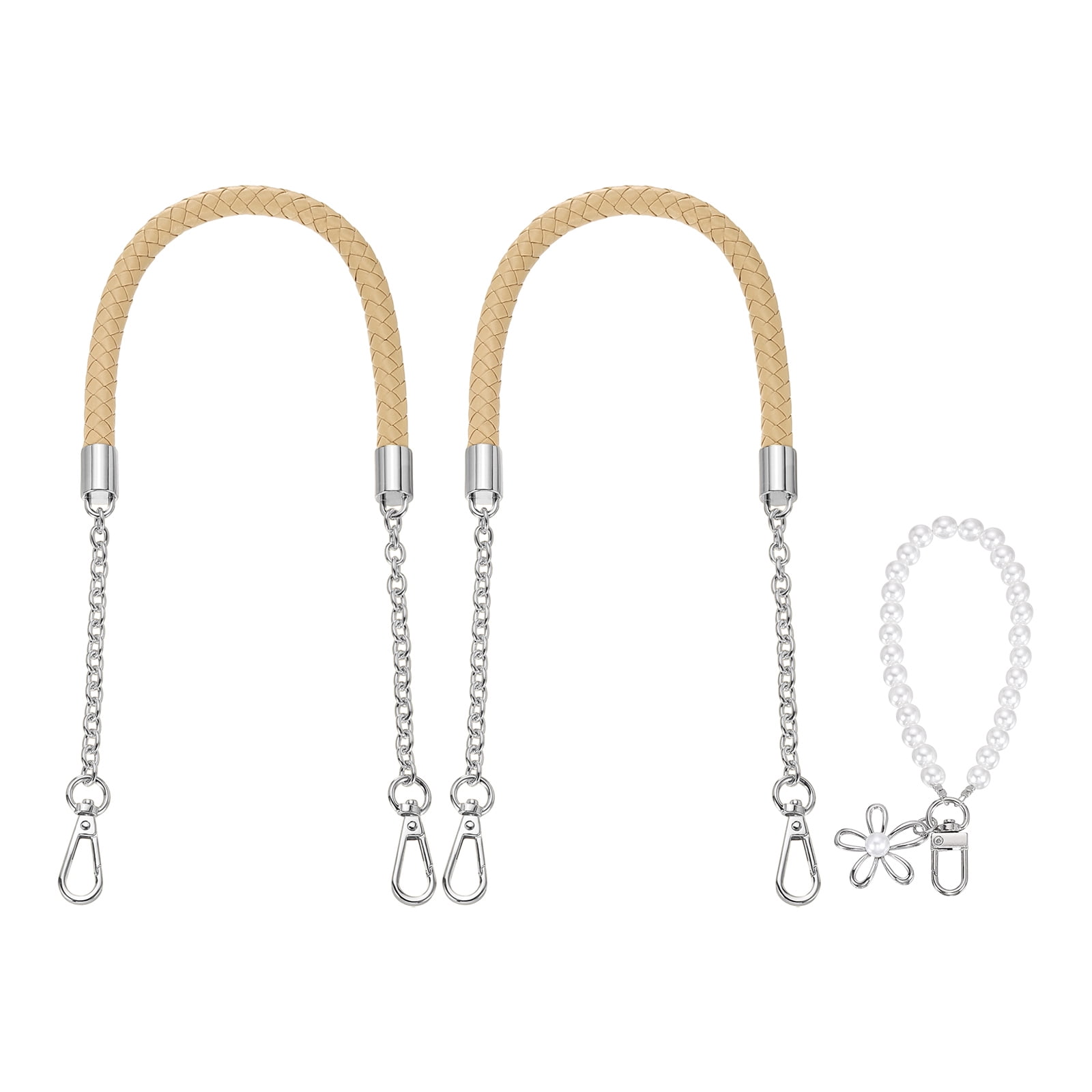 Uxcell 2 Pcs PU Leather Chain Purse Strap, 23.6 Inch Braided Purse Handles Replacement Strap with Pearl Pendant for Tote Bag Handbag Underarm Bag (Beige, Silver Chain)