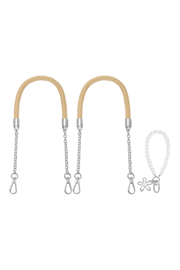 2 Pcs PU Leather Chain Purse Strap, 23.6 Inch Braided Purse Handles Replacement Strap with Pearl Pendant for Tote Bag Handbag Underarm Bag (Beige, Silver Chain)