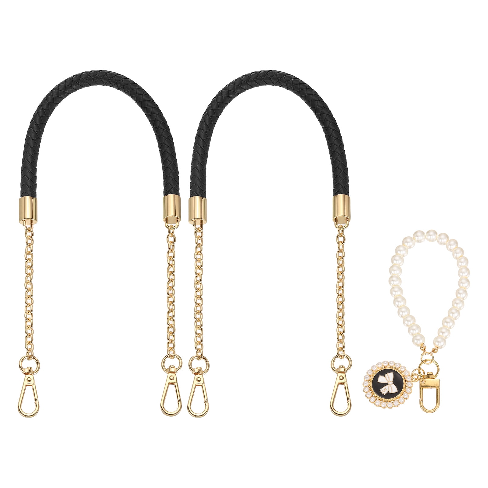 Uxcell 2 Pcs PU Leather Chain Purse Strap, 23.6 Inch Braided Purse Handles Replacement Strap with Pearl Pendant for Tote Bag Handbag Underarm Bag (Black, Light Gold Chain)