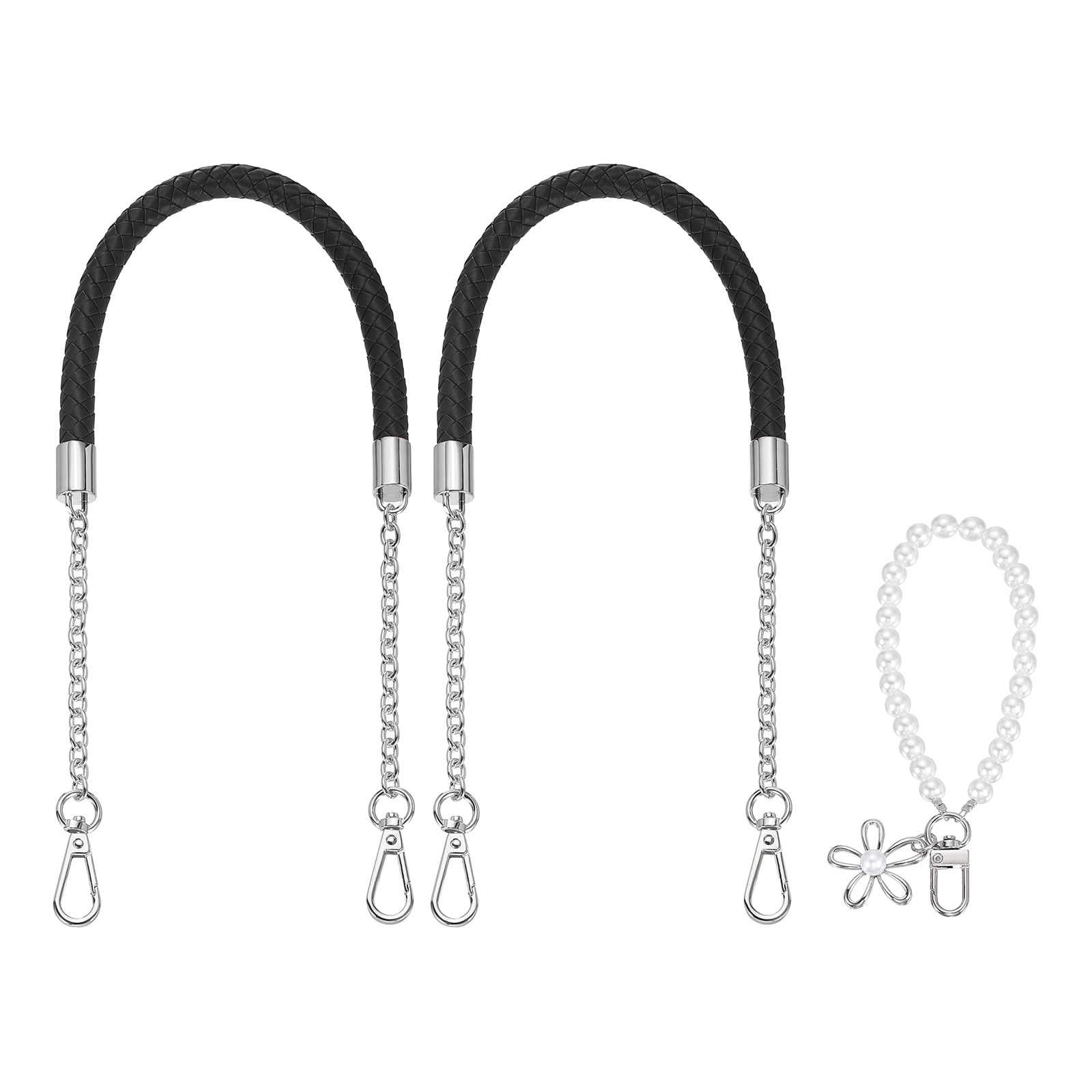 Uxcell 2 Pcs PU Leather Chain Purse Strap, 23.6 Inch Braided Purse Handles Replacement Strap with Pearl Pendant for Tote Bag Handbag Underarm Bag (Black, Silver Chain)