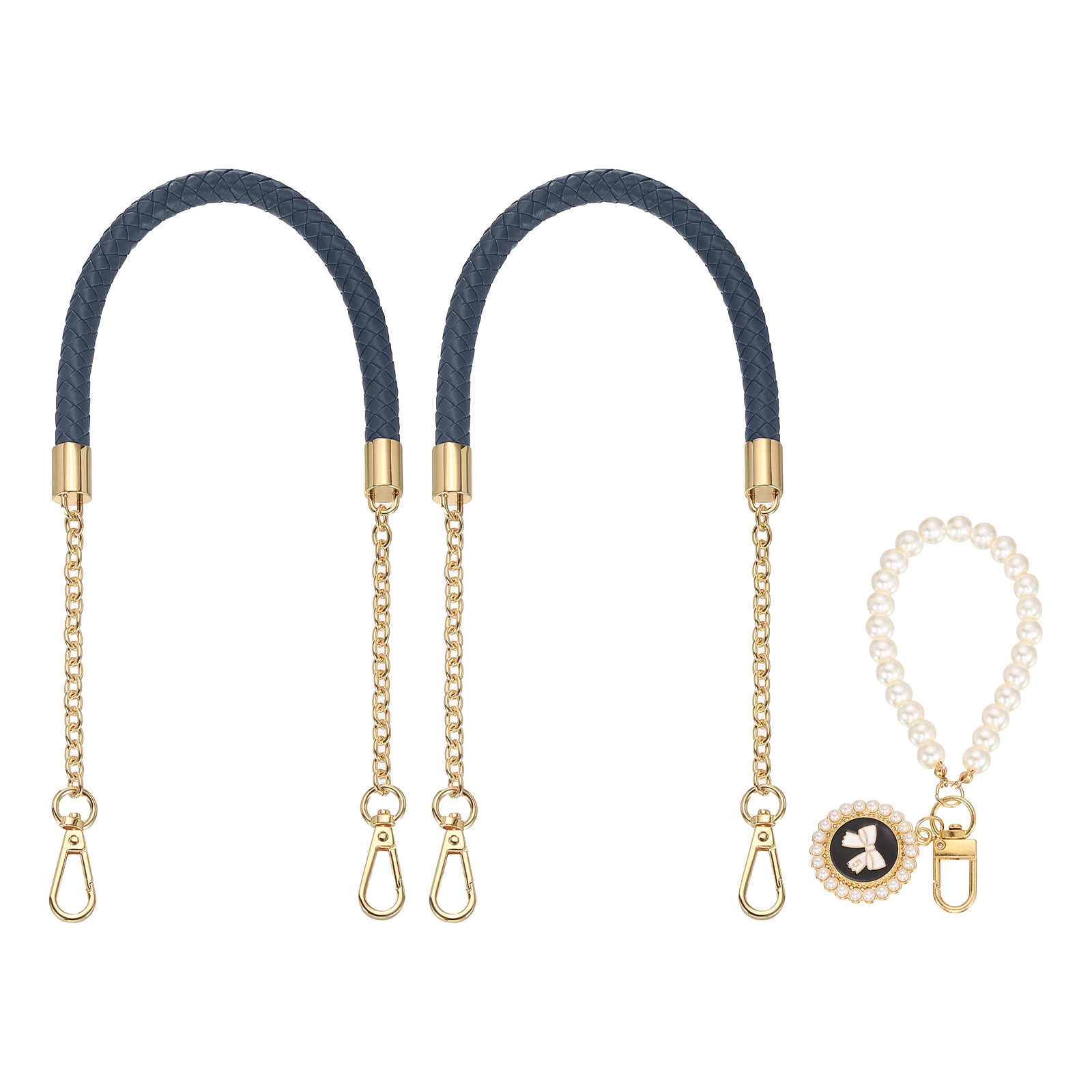 Uxcell 2 Pcs PU Leather Chain Purse Strap, 23.6 Inch Braided Purse Handles Replacement Strap with Pearl Pendant for Tote Bag Handbag Underarm Bag (Blue, Light Gold Chain)