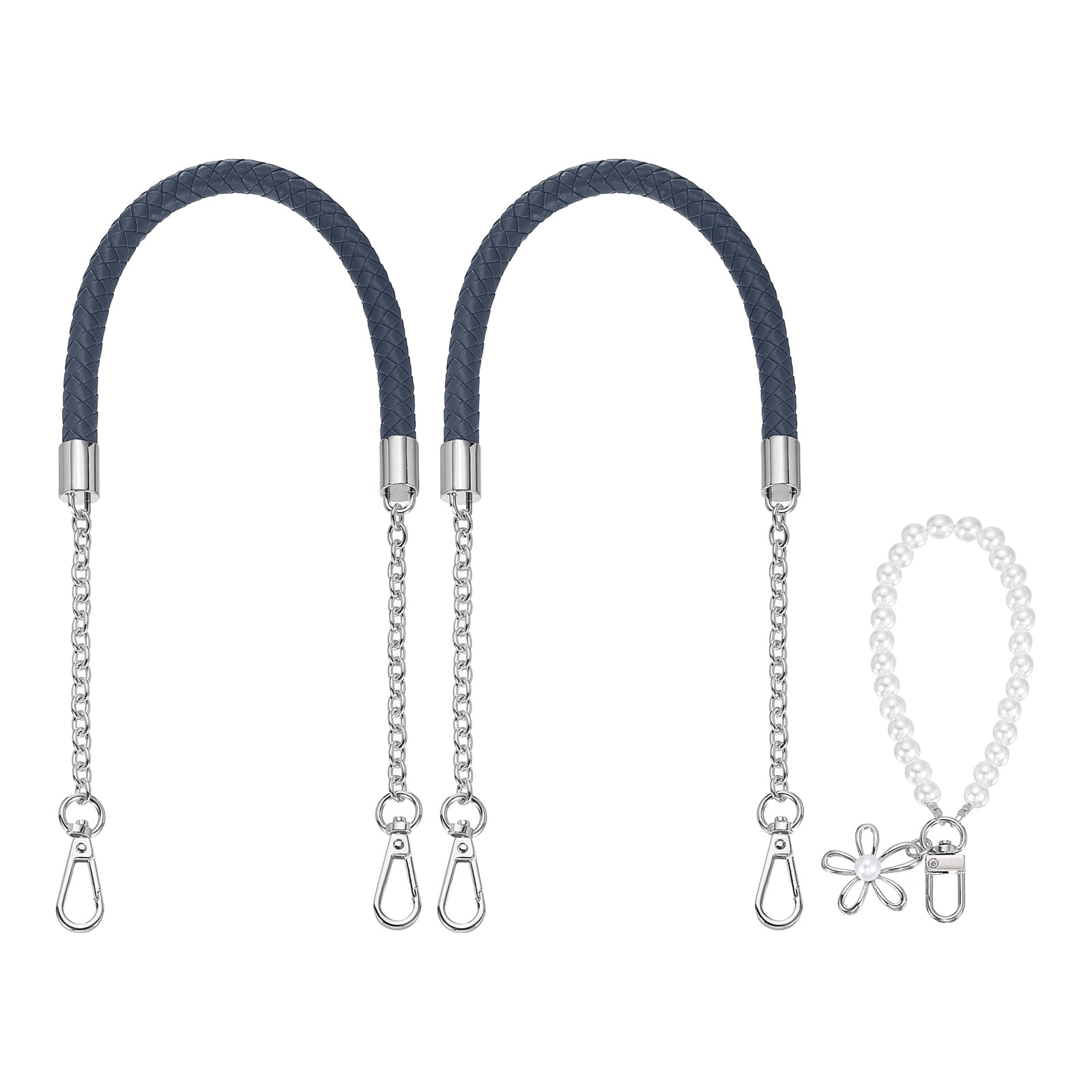 Uxcell 2 Pcs PU Leather Chain Purse Strap, 23.6 Inch Braided Purse Handles Replacement Strap with Pearl Pendant for Tote Bag Handbag Underarm Bag (Blue, Silver Chain)