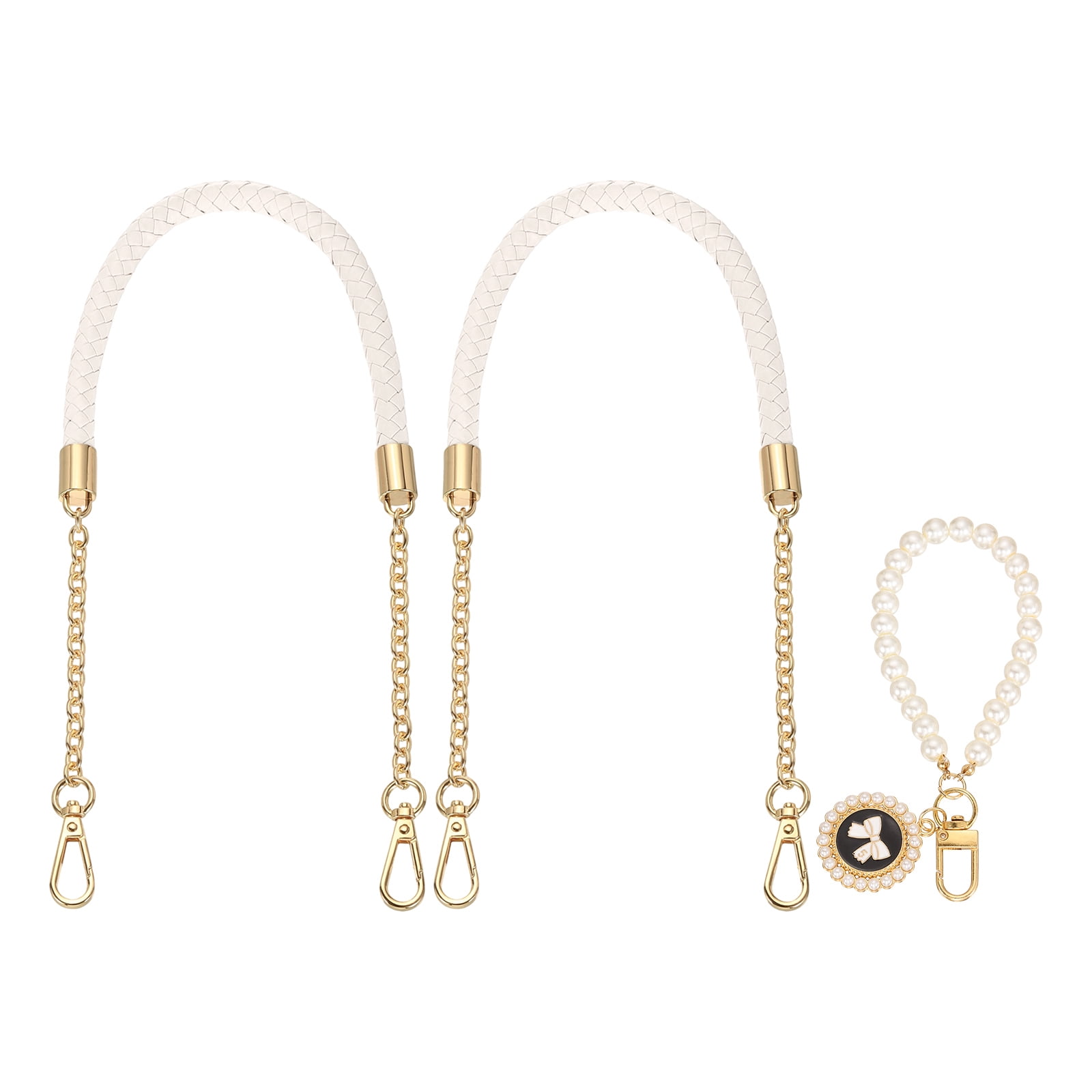 Uxcell 2 Pcs PU Leather Chain Purse Strap, 23.6 Inch Braided Purse Handles Replacement Strap with Pearl Pendant for Tote Bag Handbag Underarm Bag (Cream, Light Gold Chain)