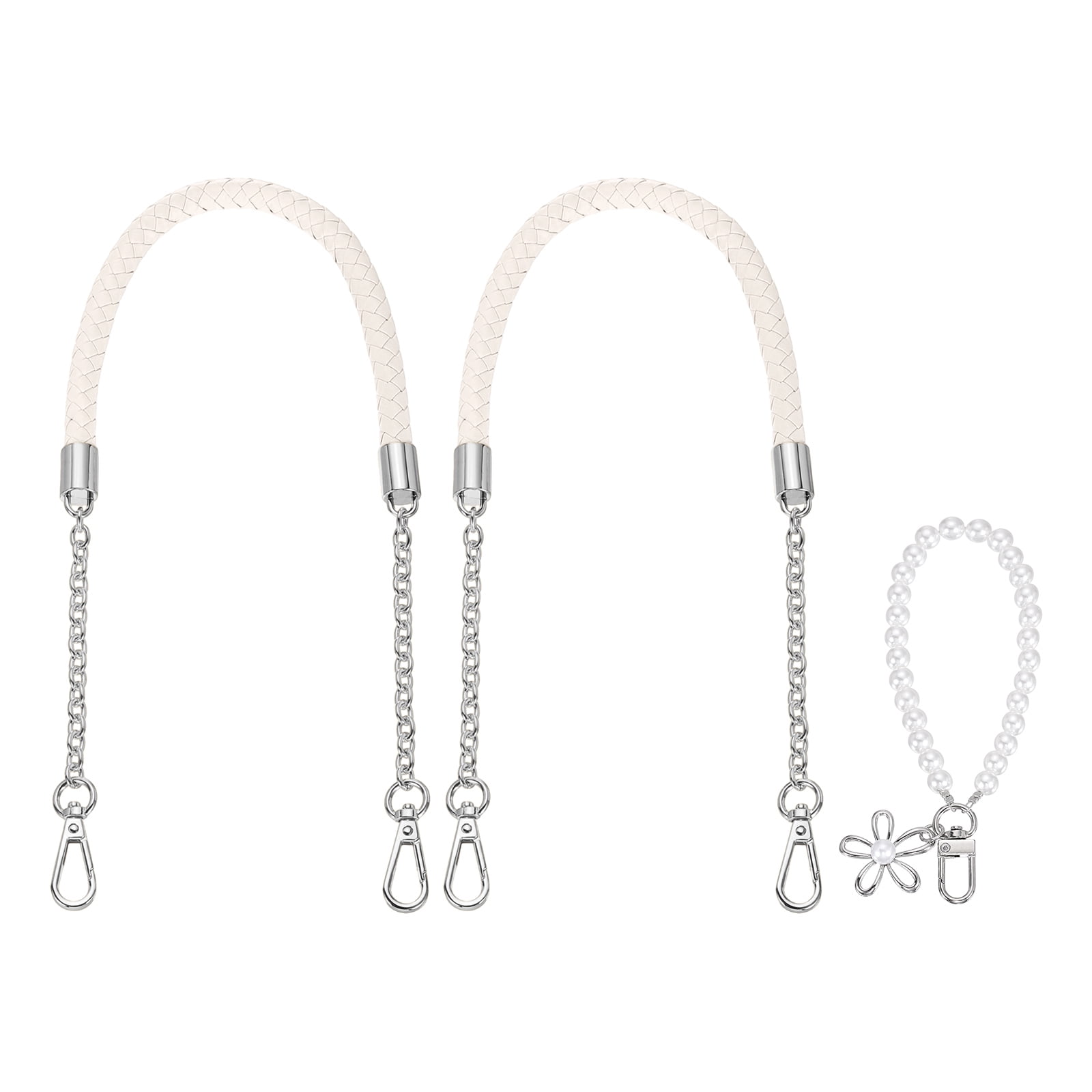 Uxcell 2 Pcs PU Leather Chain Purse Strap, 23.6 Inch Braided Purse Handles Replacement Strap with Pearl Pendant for Tote Bag Handbag Underarm Bag (Cream, Silver Chain)