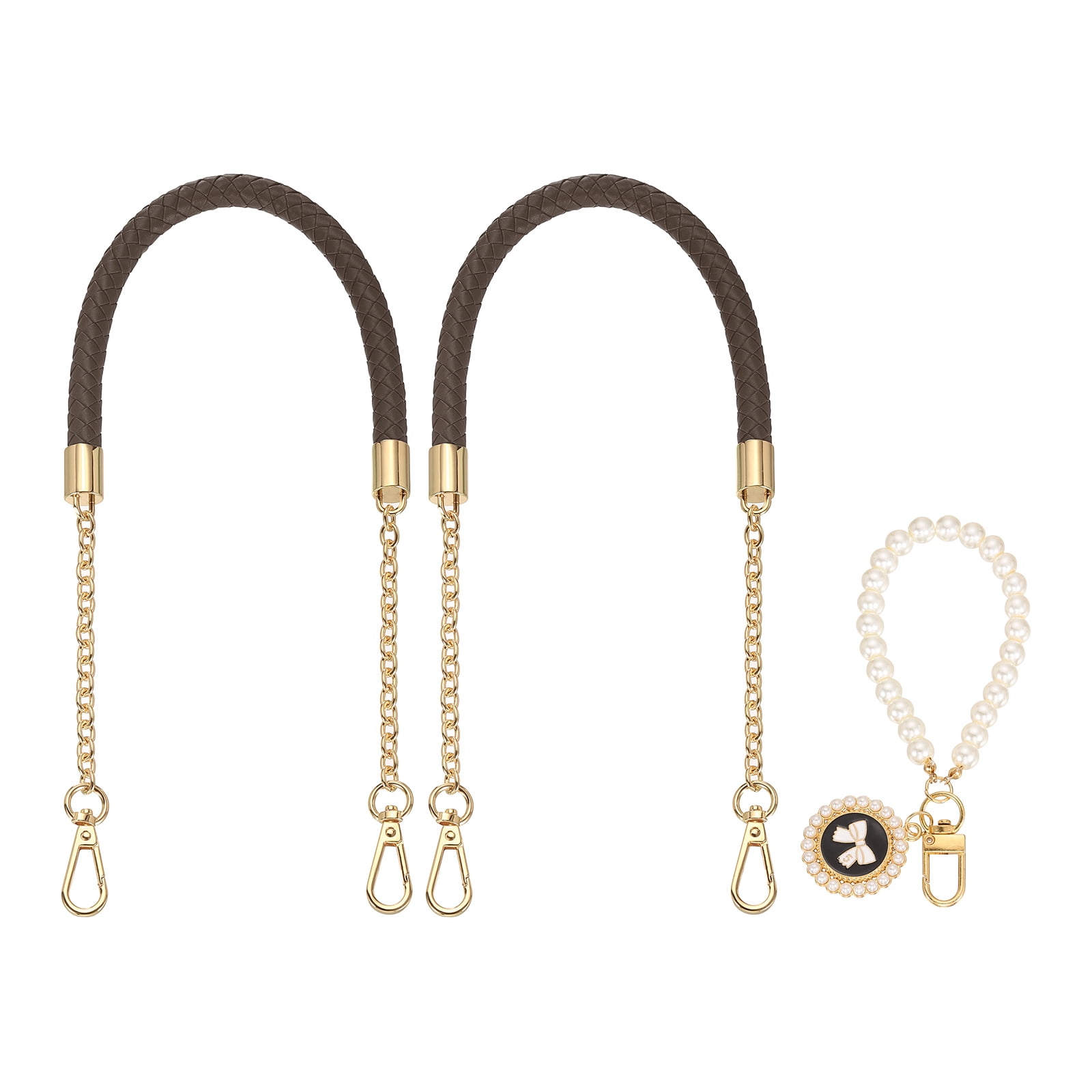 Uxcell 2 Pcs PU Leather Chain Purse Strap, 23.6 Inch Braided Purse Handles Replacement Strap with Pearl Pendant for Tote Bag Handbag Underarm Bag (Dark Brown, Light Gold Chain)