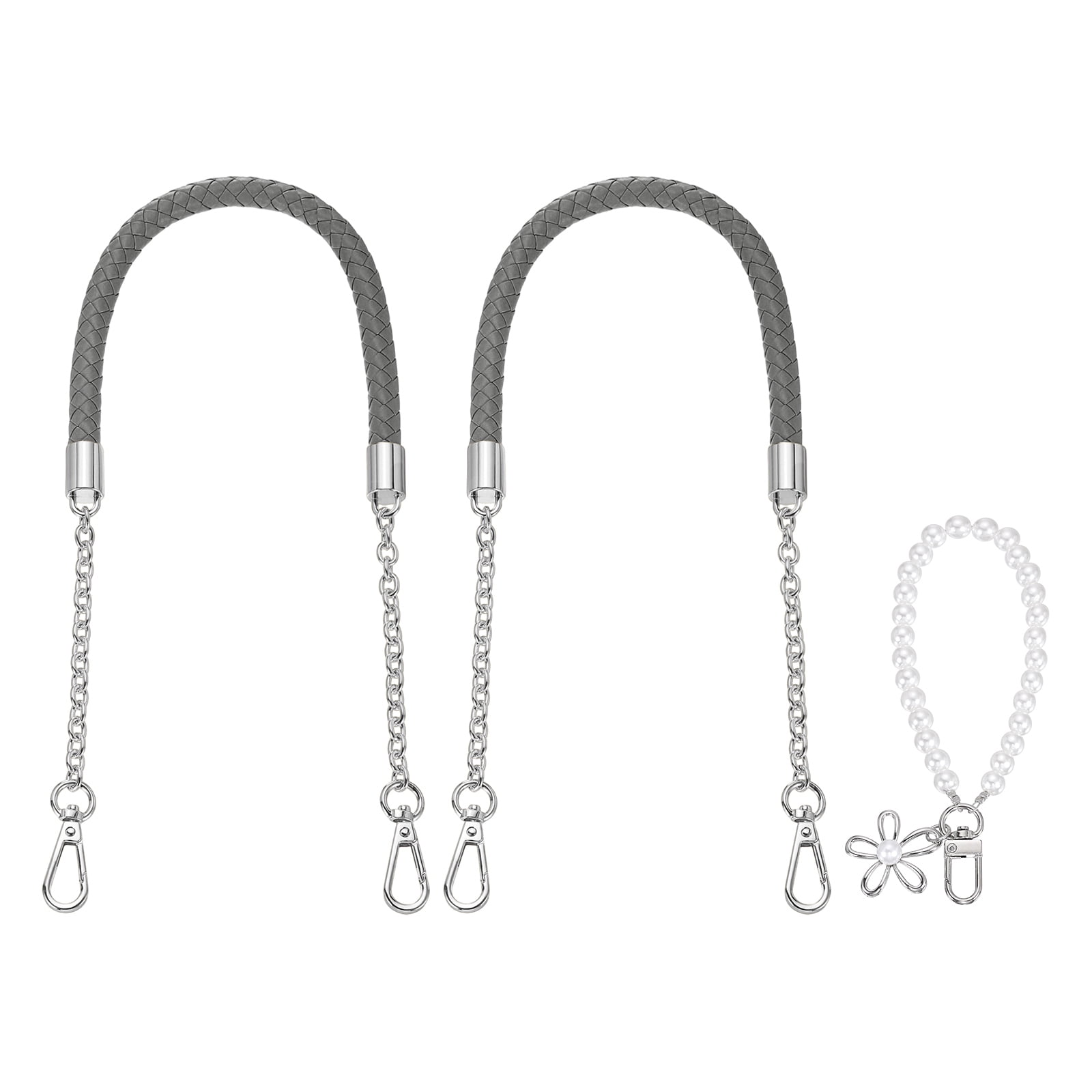 Uxcell 2 Pcs PU Leather Chain Purse Strap, 23.6 Inch Braided Purse Handles Replacement Strap with Pearl Pendant for Tote Bag Handbag Underarm Bag (Dark Gray, Silver Chain)