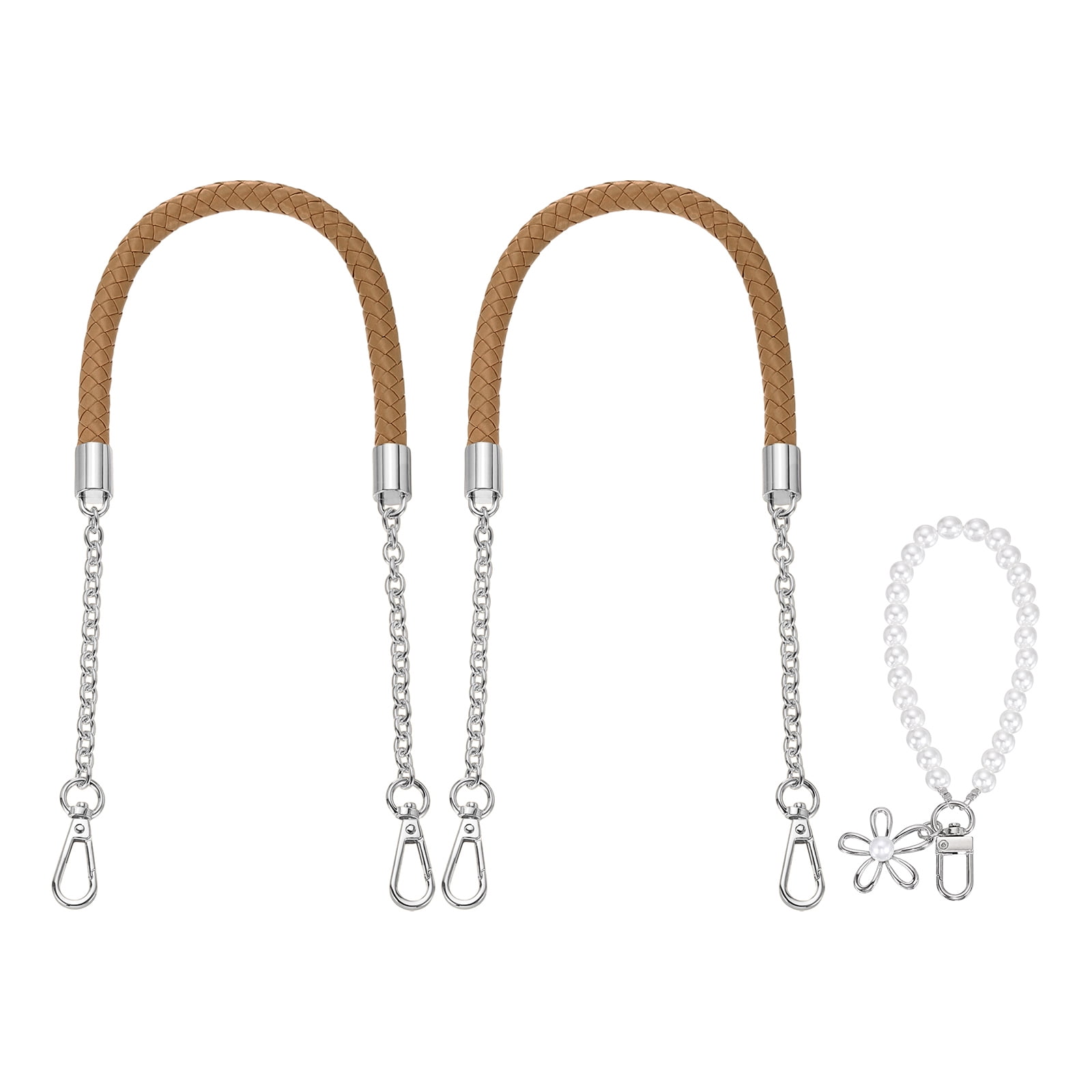 Uxcell 2 Pcs PU Leather Chain Purse Strap, 23.6 Inch Braided Purse Handles Replacement Strap with Pearl Pendant for Tote Bag Handbag Underarm Bag (Dark Khaki, Silver Chain)