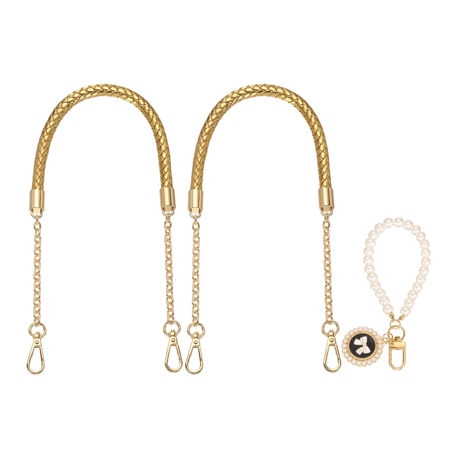 Uxcell 2 Pcs PU Leather Chain Purse Strap, 23.6 Inch Braided Purse Handles Replacement Strap with Pearl Pendant for Tote Bag Handbag Underarm Bag (Gold, Light Gold Chain)