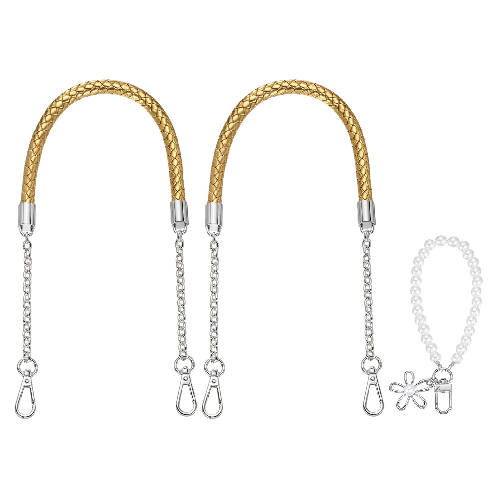 Uxcell 2 Pcs PU Leather Chain Purse Strap, 23.6 Inch Braided Purse Handles Replacement Strap with Pearl Pendant for Tote Bag Handbag Underarm Bag (Gold, Silver Chain)