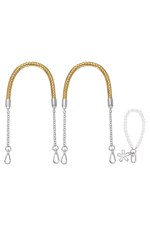 2 Pcs PU Leather Chain Purse Strap, 23.6 Inch Braided Purse Handles Replacement Strap with Pearl Pendant for Tote Bag Handbag Underarm Bag (Gold, Silver Chain)