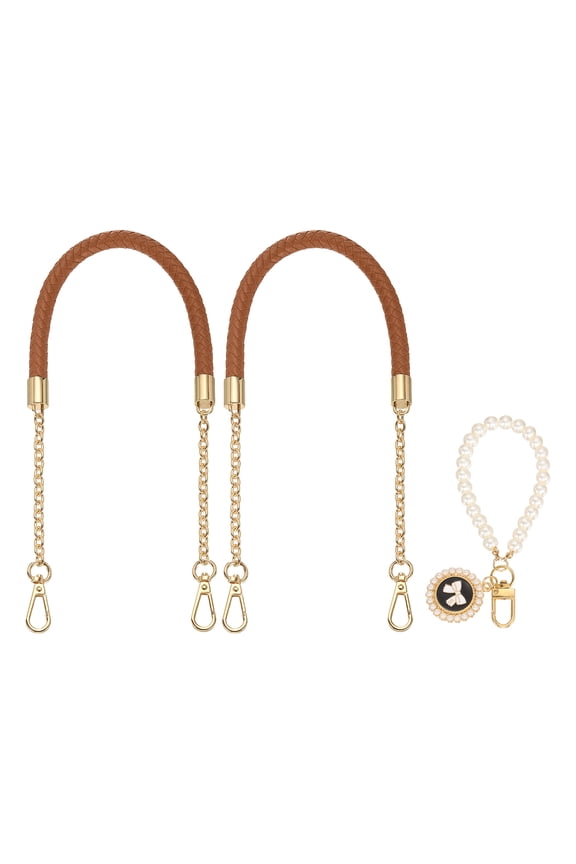 2 Pcs PU Leather Chain Purse Strap, 23.6 Inch Braided Purse Handles Replacement Strap with Pearl Pendant for Tote Bag Handbag Underarm Bag (Light Brown, Light Gold Chain)