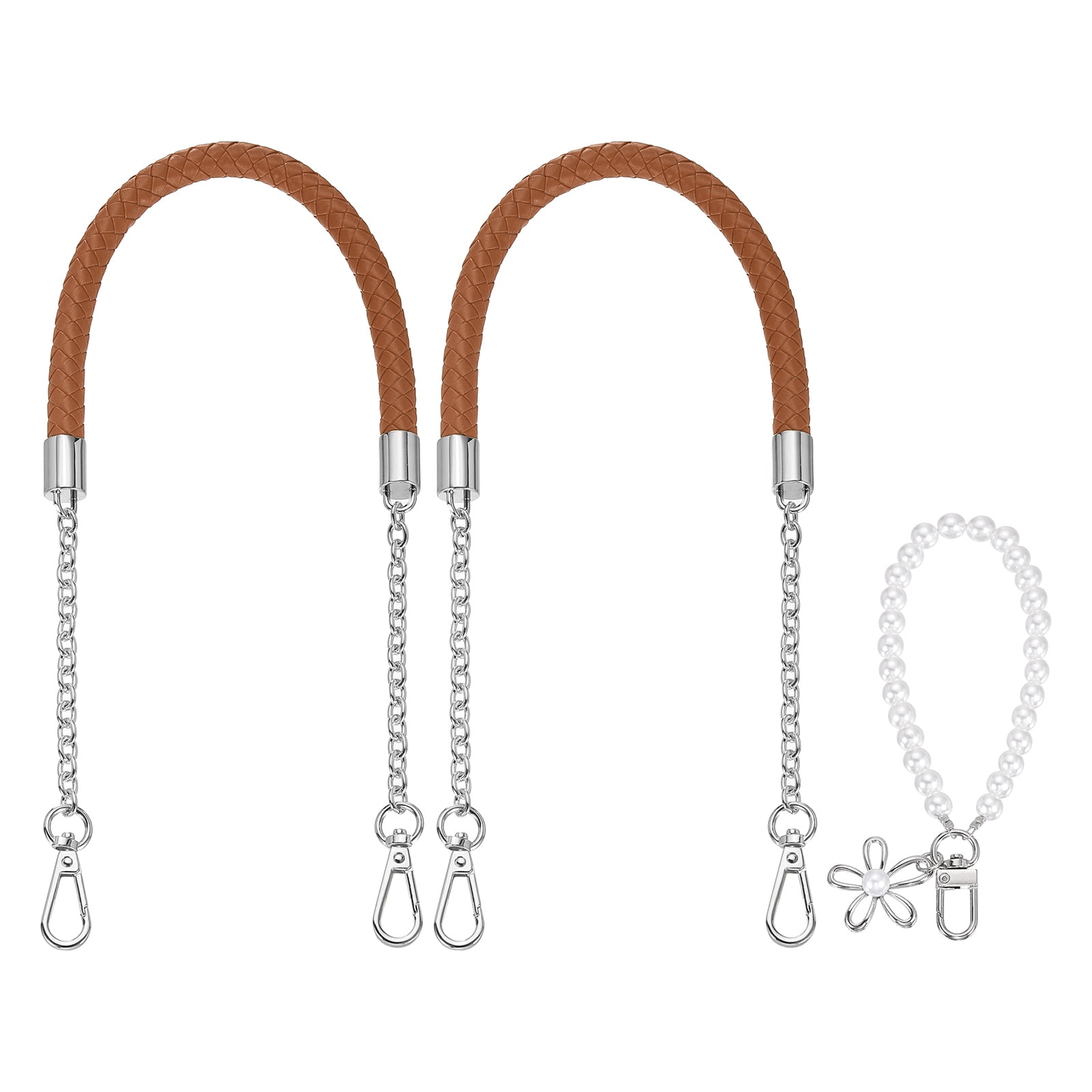 Uxcell 2 Pcs PU Leather Chain Purse Strap, 23.6 Inch Braided Purse Handles Replacement Strap with Pearl Pendant for Tote Bag Handbag Underarm Bag (Light Brown, Silver Chain)