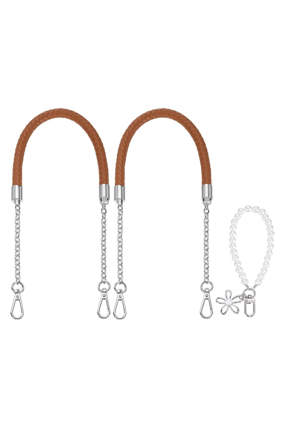 2 Pcs PU Leather Chain Purse Strap, 23.6 Inch Braided Purse Handles Replacement Strap with Pearl Pendant for Tote Bag Handbag Underarm Bag (Light Brown, Silver Chain)