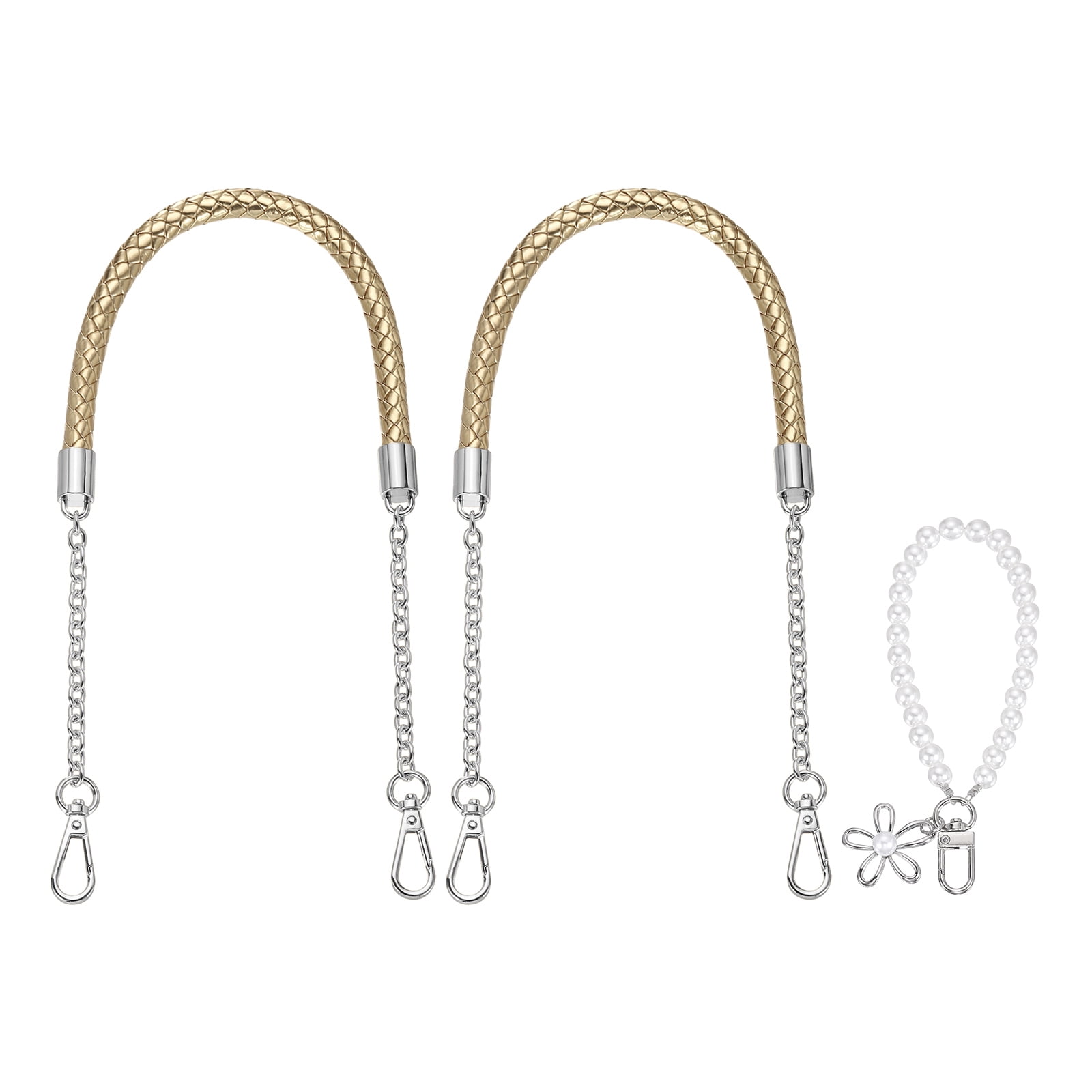 Uxcell 2 Pcs PU Leather Chain Purse Strap, 23.6 Inch Braided Purse Handles Replacement Strap with Pearl Pendant for Tote Bag Handbag Underarm Bag (Light Gold, Silver Chain)