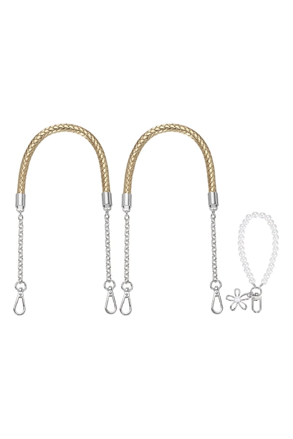 2 Pcs PU Leather Chain Purse Strap, 23.6 Inch Braided Purse Handles Replacement Strap with Pearl Pendant for Tote Bag Handbag Underarm Bag (Light Gold, Silver Chain)