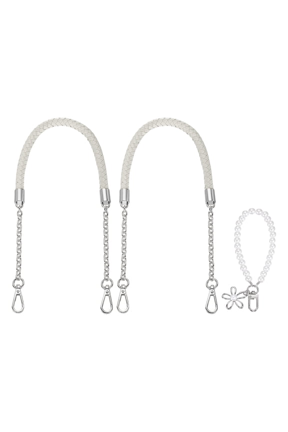 2 Pcs PU Leather Chain Purse Strap, 23.6 Inch Braided Purse Handles Replacement Strap with Pearl Pendant for Tote Bag Handbag Underarm Bag (Light Gray, Silver Chain)