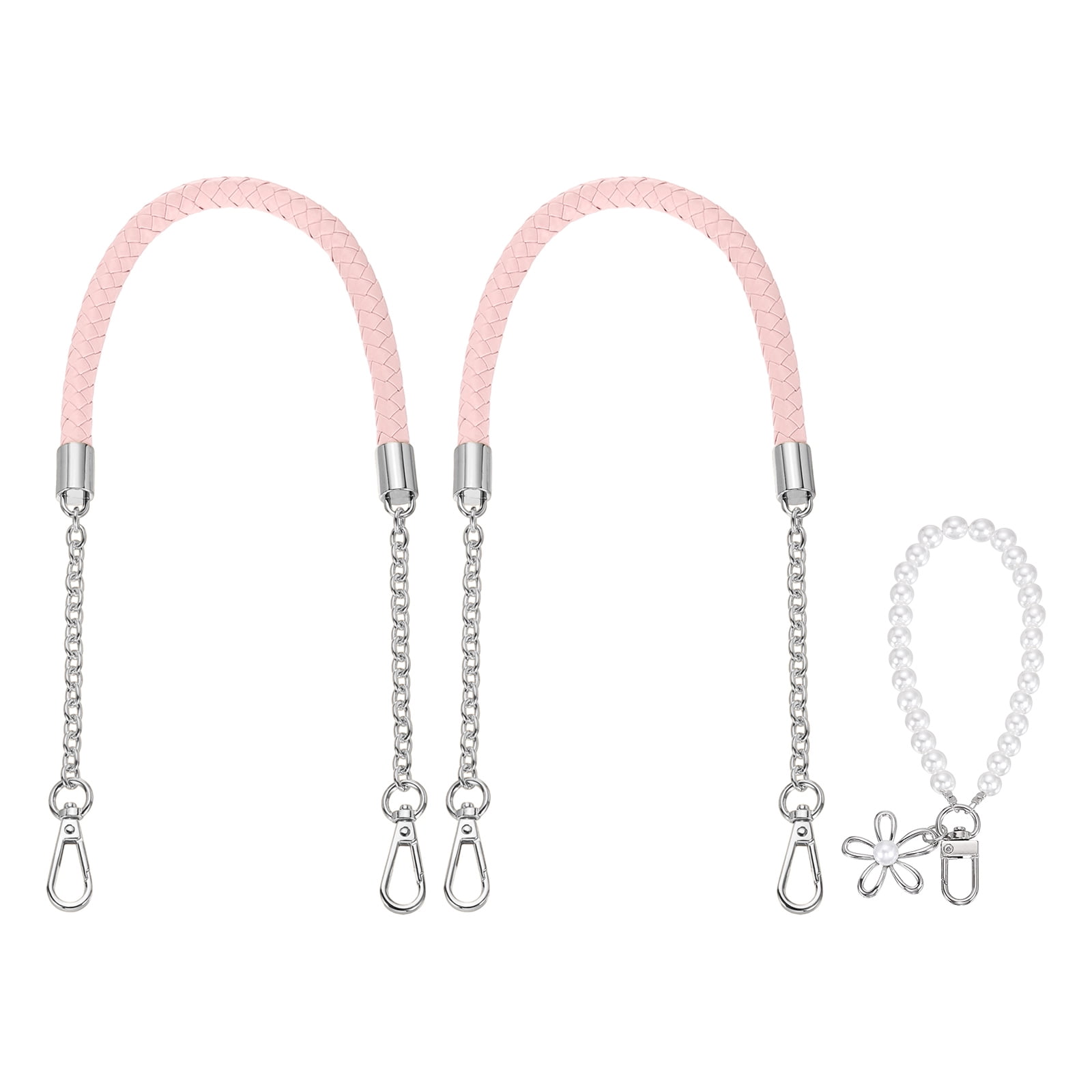 Uxcell 2 Pcs PU Leather Chain Purse Strap, 23.6 Inch Braided Purse Handles Replacement Strap with Pearl Pendant for Tote Bag Handbag Underarm Bag (Light Pink, Silver Chain)