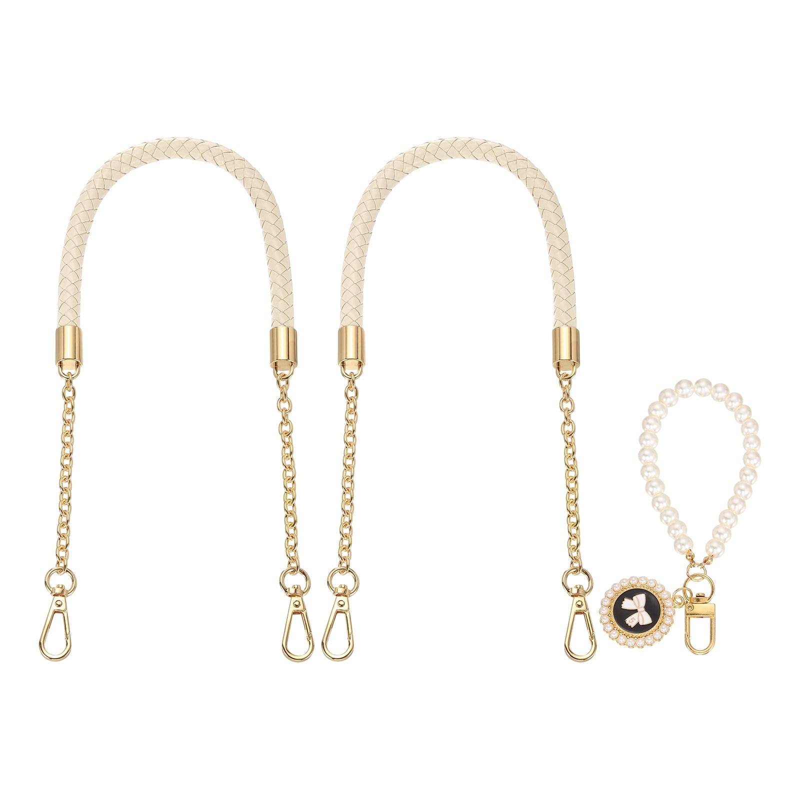 Uxcell 2 Pcs PU Leather Chain Purse Strap, 23.6 Inch Braided Purse Handles Replacement Strap with Pearl Pendant for Tote Bag Handbag Underarm Bag (Light Yellow, Light Gold Chain)