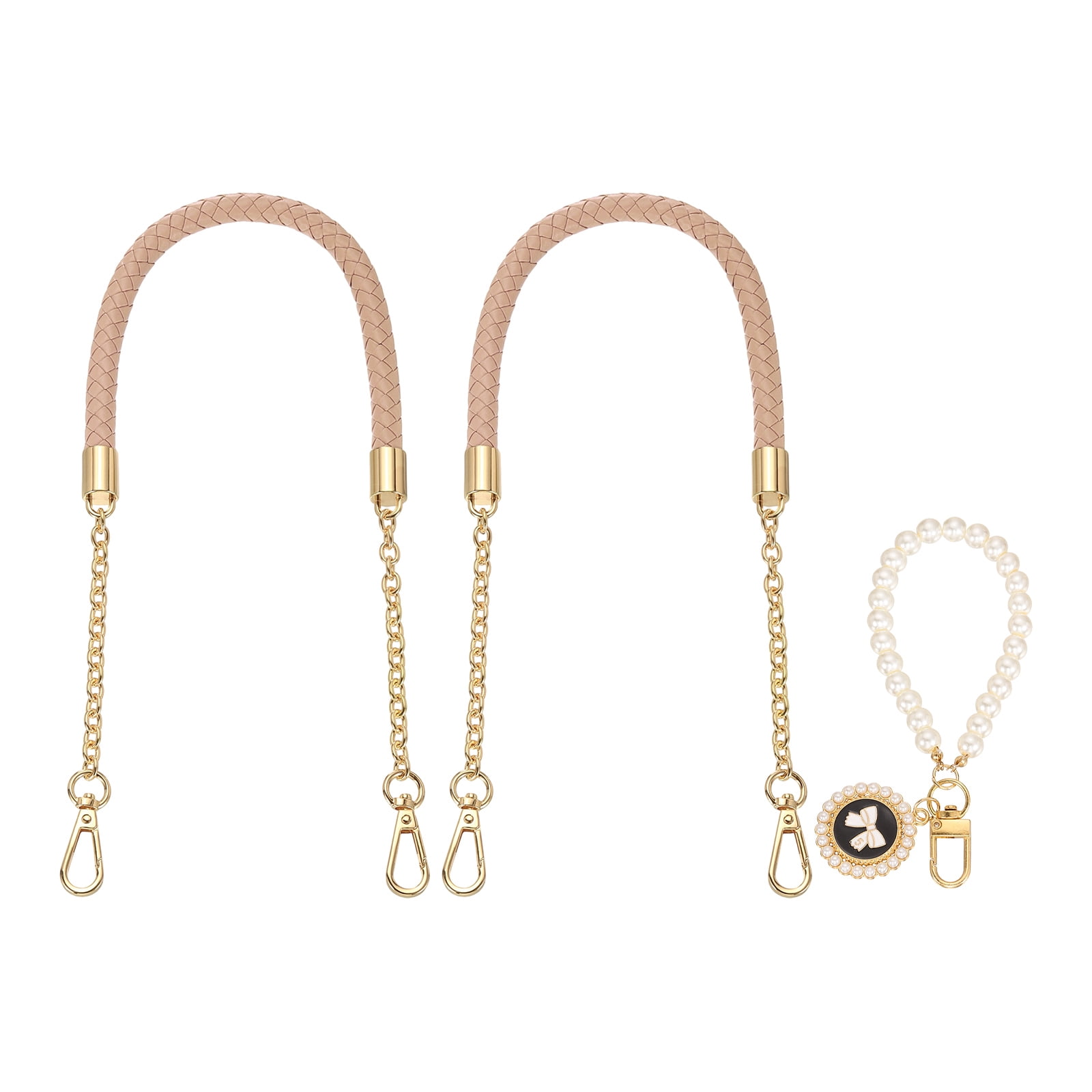 Uxcell 2 Pcs PU Leather Chain Purse Strap, 23.6 Inch Braided Purse Handles Replacement Strap with Pearl Pendant for Tote Bag Handbag Underarm Bag (Pink, Light Gold Chain)