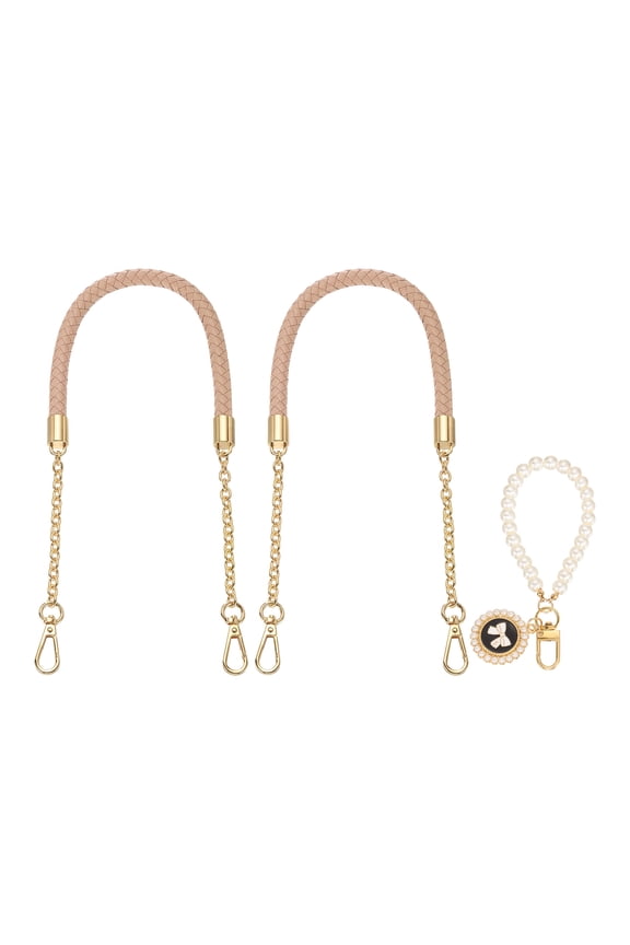 2 Pcs PU Leather Chain Purse Strap, 23.6 Inch Braided Purse Handles Replacement Strap with Pearl Pendant for Tote Bag Handbag Underarm Bag (Pink, Light Gold Chain)