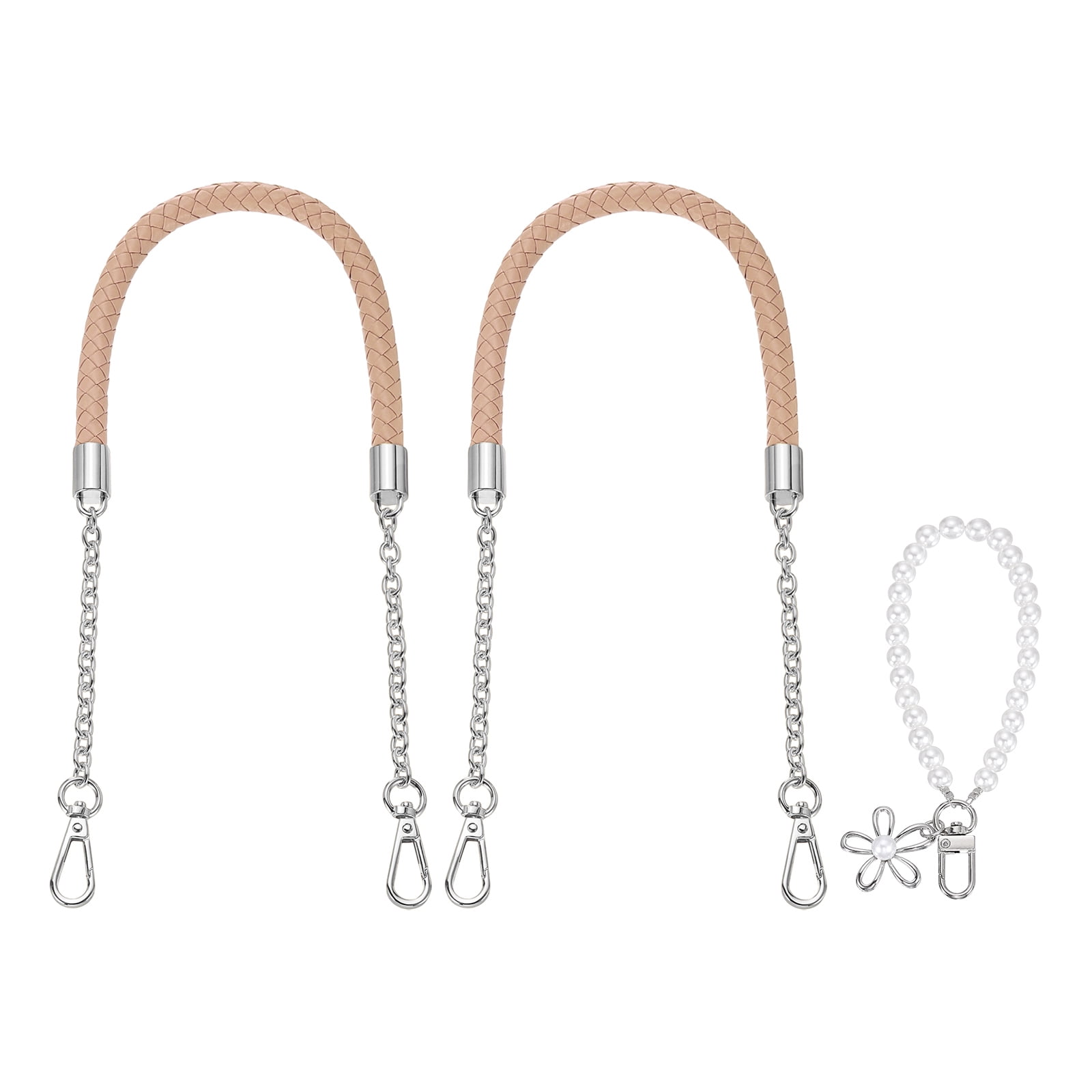 Uxcell 2 Pcs PU Leather Chain Purse Strap, 23.6 Inch Braided Purse Handles Replacement Strap with Pearl Pendant for Tote Bag Handbag Underarm Bag (Pink, Silver Chain)