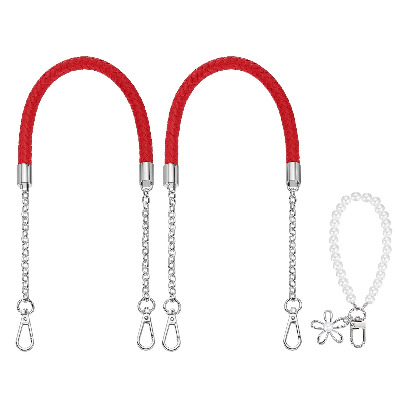 Uxcell 2 Pcs PU Leather Chain Purse Strap, 23.6 Inch Braided Purse Handles Replacement Strap with Pearl Pendant for Tote Bag Handbag Underarm Bag (Red, Silver Chain)